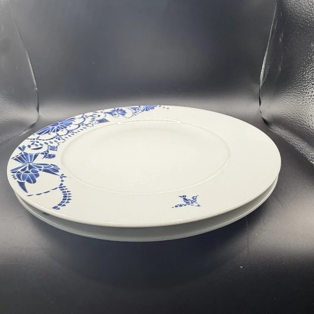 Ikea PROMENAD Blue White Dinner Plates Flying‎ Fish Bird Floral Set/2